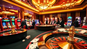 MV88 casino scene with professional dealers, vibrant slot machines, and lively roulette wheels.