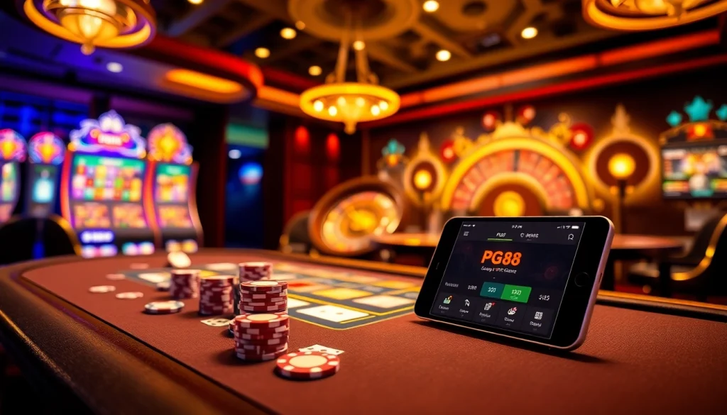 Experience the thrill of pg88 đăng nhập at a vibrant casino table with chips and cards.