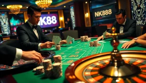 Players are engaged in an exciting poker game at a luxurious casino table featuring NK88-themed chips.