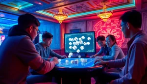A group of friends excitedly playing the Tài Xỉu game in a vibrant gaming setup, showcasing dice rolling and digital graphics.