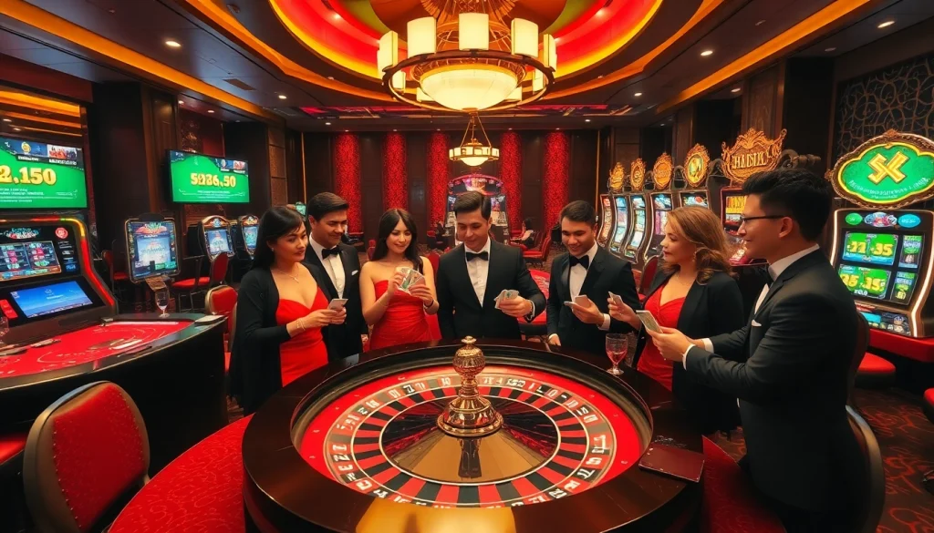 SHBET players engaging in a thrilling roulette game at a vibrant casino.