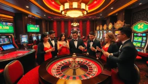 SHBET players engaging in a thrilling roulette game at a vibrant casino.