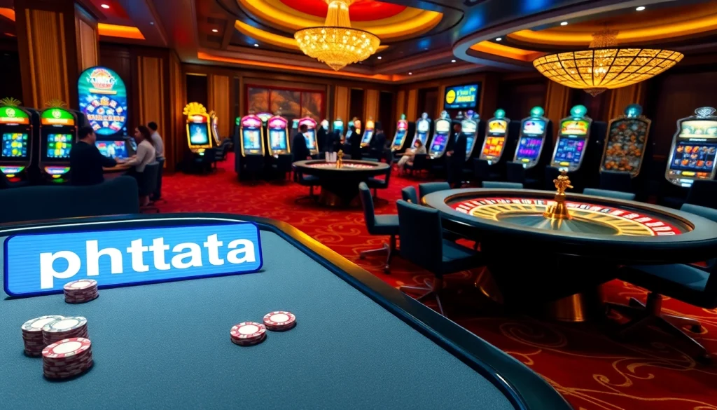 Engaging players at the luxurious phtaya casino table with vibrant slot machines and roulette.