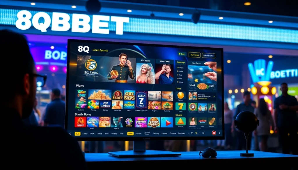 An engaging online gambling scene at 8QBET showcasing a modern casino interface with vibrant game icons and ambient lighting.