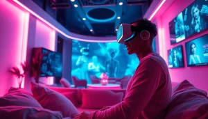AI NSFW character interaction in a futuristic virtual lounge with ambient lighting
