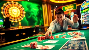 Tải Bomwin immersive online casino gameplay, featuring virtual cards, a roulette wheel, and vibrant slot machines.