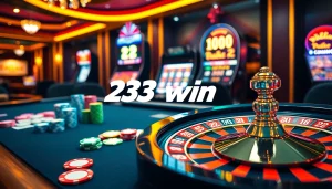 Gamble strategically with 23win's vibrant casino scene showcasing poker chips, cards, and a roulette wheel.