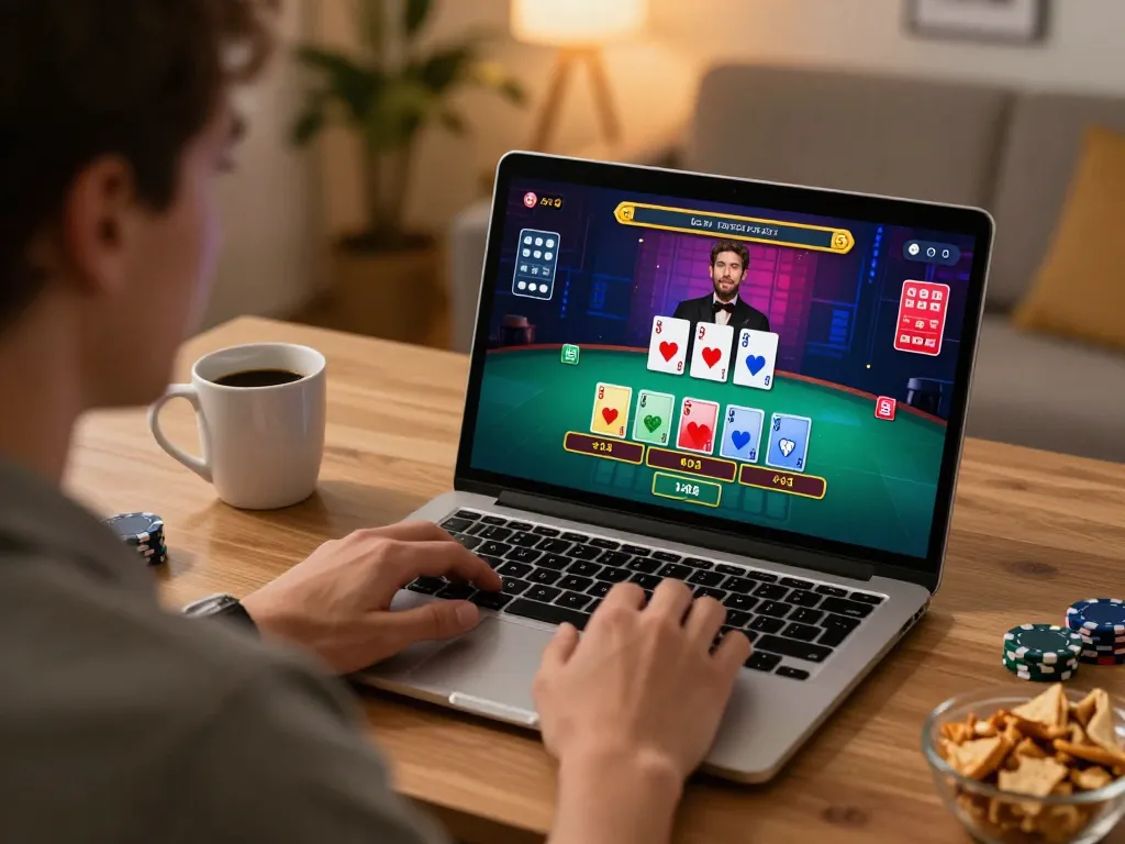 3Win player enjoying a live blackjack game on a laptop in a cozy home office.