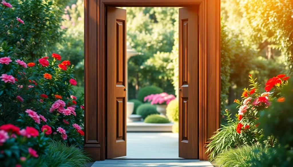 Open wooden doors invite guests into a lush garden, showcasing intricate patterns and nature's beauty.