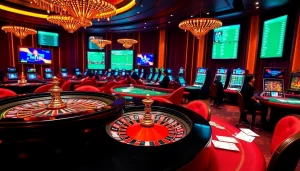 Vibrant scene of Trang chủ J88 showcasing an online casino with poker games, roulette wheel, and betting options.
