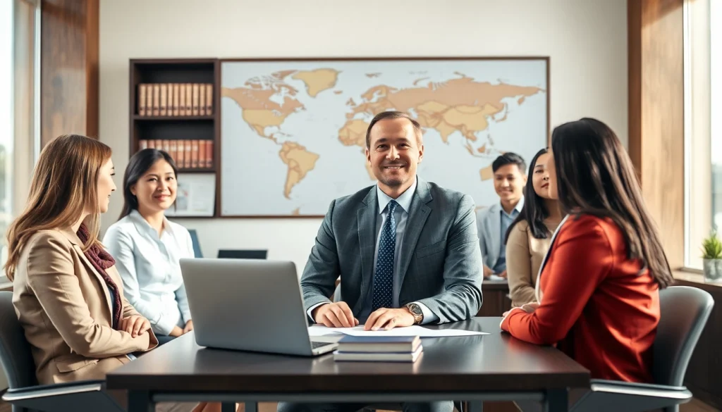 Virginia Immigration Lawyer consulting a diverse clientele in a welcoming office environment.