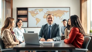 Virginia Immigration Lawyer consulting a diverse clientele in a welcoming office environment.