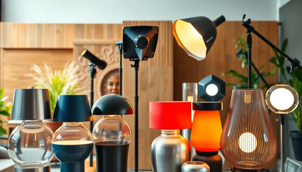 Showcase ELC Lamps Online in a professional studio setup emphasizing design and variety.