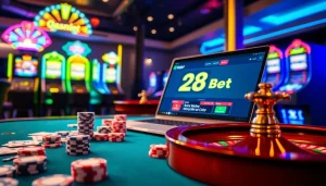 Experience the excitement of gambling at 28bet with poker chips and roulette wheel.