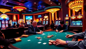 Poker players strategize their moves at cm88.com, surrounded by an exciting casino atmosphere.