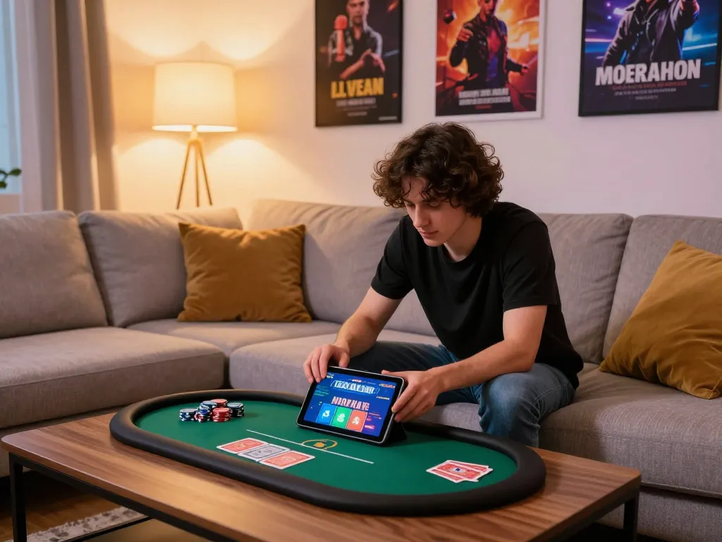 Engaging with online poker game, showcasing tr88 strategy in a cozy home gaming setup
