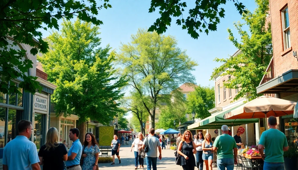 Experience lively community scenes in Clarksburg with local shops and vibrant interactions.