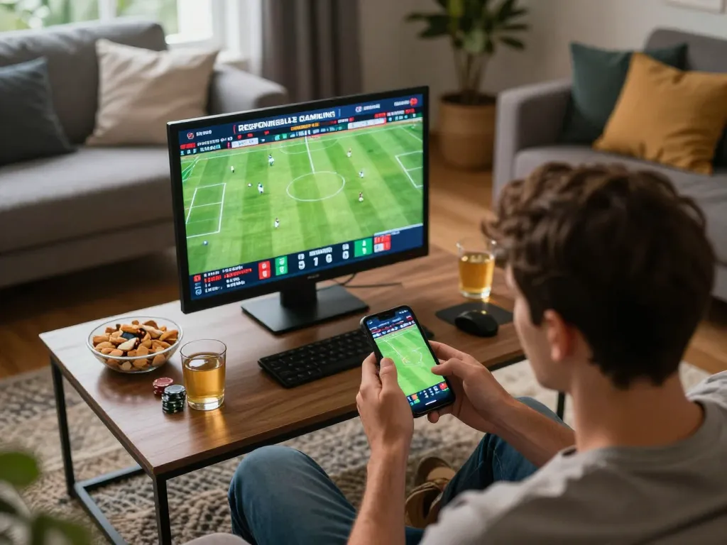 Engaged bettor using 88VV.COM app for live sports betting in a cozy home environment.