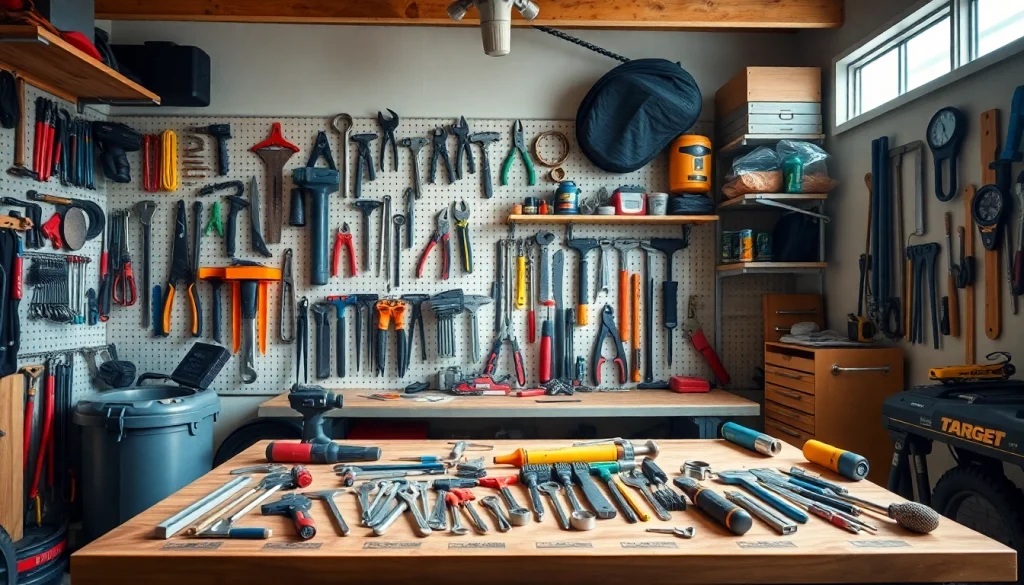 Organized workshop tool storage displaying a setup with tools and workbench in a professional garage.