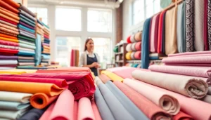 Stoffen online bestellen in een professioneel ingerichte stoffenwinkel met diverse textielmonsters.