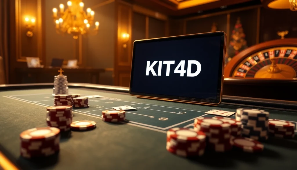 Rasakan kegembiraan KIT4D dengan suasana kasino mewah yang menampilkan chip poker dan elemen permainan yang berwarna-warni.