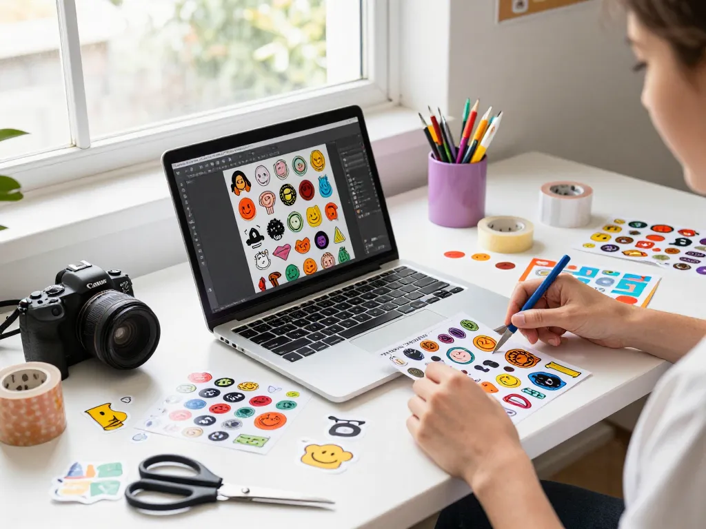 Custom stickers displayed creatively in a vibrant workspace, showcasing unique designs and tools for sticker making.