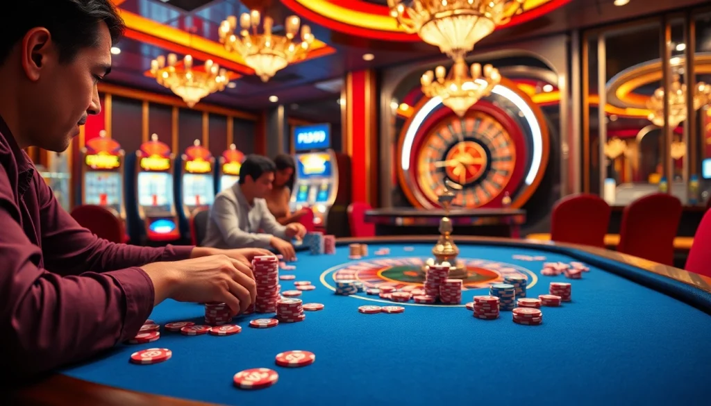 Experience intense gameplay at PS99 with players engaged around a vibrant poker table.