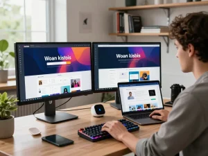 Creative web developer utilizing an ai website builder in a modern digital workspace with dual monitors and innovative gadgets.