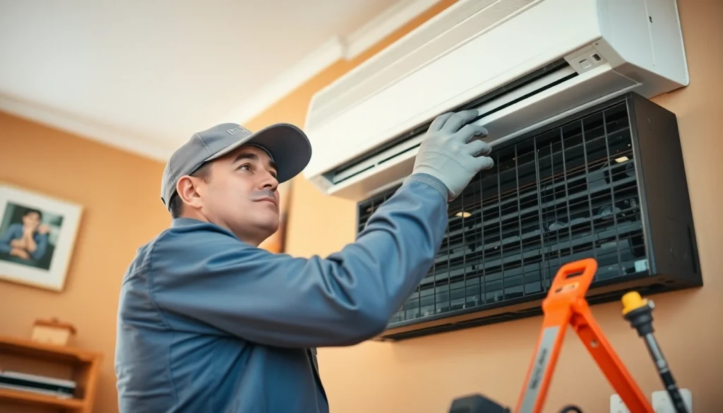 Skilled technician conducting heating and cooling services in a comfortable home.