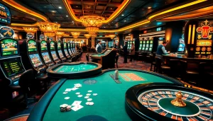 F168 casino scene with excited players at poker and roulette tables showcasing vibrant gambling action.