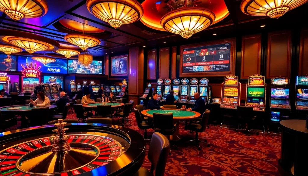 Hitclub gamblers engaging intensely at luxurious casino tables.