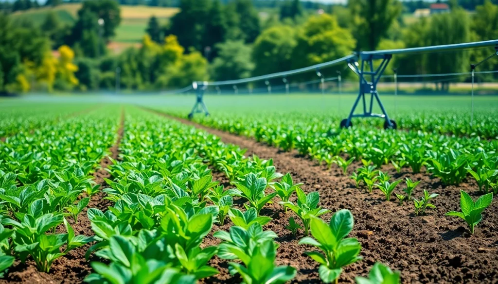 Land irrigation systems efficiently nurturing crops in a bright agricultural landscape.