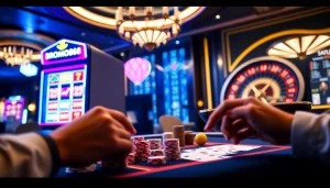 BROMO888 slot machine surrounded by vibrant poker chips and cards, capturing an exciting gambling atmosphere.