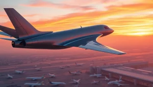 A futuristic aircraft soaring in the sunset sky, representing the evolution of aviation at https://rr9935.com/.