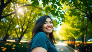 Circular photo of a smiling person in a park, showcasing vibrant colors and a joyful atmosphere.