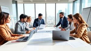 Engaged professionals discussing federal and state contracts pre-post award compliance in a modern office.