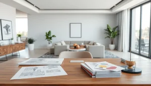 Projektowanie wnętrz online w nowoczesnym biurze z eleganckimi detalami i naturalnym światłem.