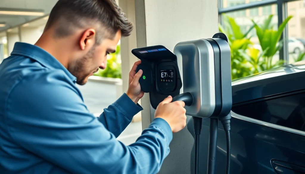 Technician performing EV Charging Installation on a sleek charger in a vibrant urban environment.