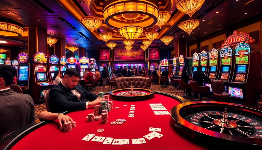 A vibrant casino scene featuring tables with Tập đoàn KJC branding, poker chips, and excited players engaged in various games.