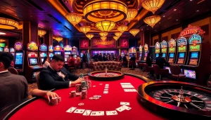 A vibrant casino scene featuring tables with Tập đoàn KJC branding, poker chips, and excited players engaged in various games.