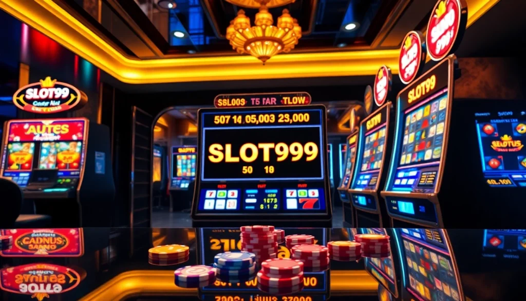 SLOT99 vibrant slot machine interface showing spinning reels and jackpot winning animations