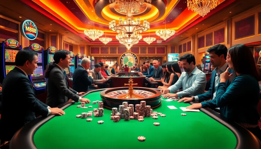 Excited players winning at MM88 casino tables with vibrant chip stacks and live dealers.