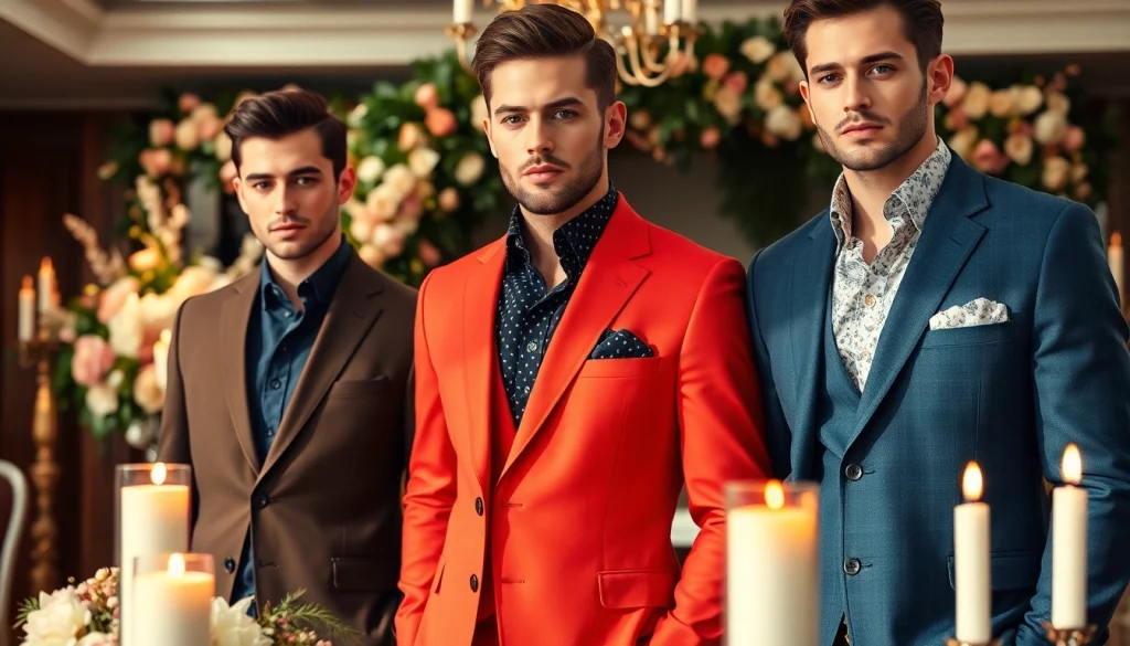 Showcasing designer menswear in an elegant wedding setting with intricate details and luxurious fabrics.