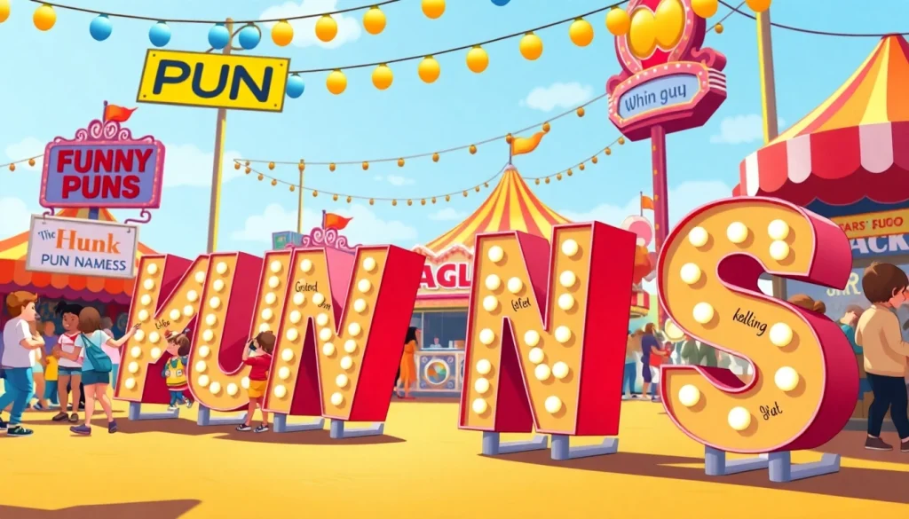 Enjoy creative displays of funny pun names with joyful characters and vibrant settings.