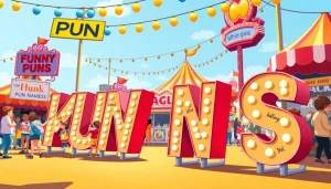 Enjoy creative displays of funny pun names with joyful characters and vibrant settings.