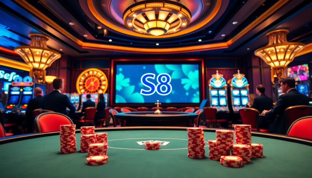 Experience the thrill of S8 gaming at a luxurious casino with poker tables and slot machines.