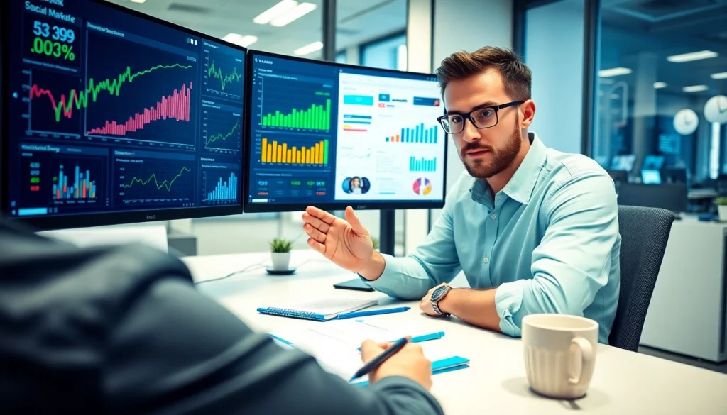 Engaging professional strategy session for social media marketing edmonton with dynamic analytics displays.