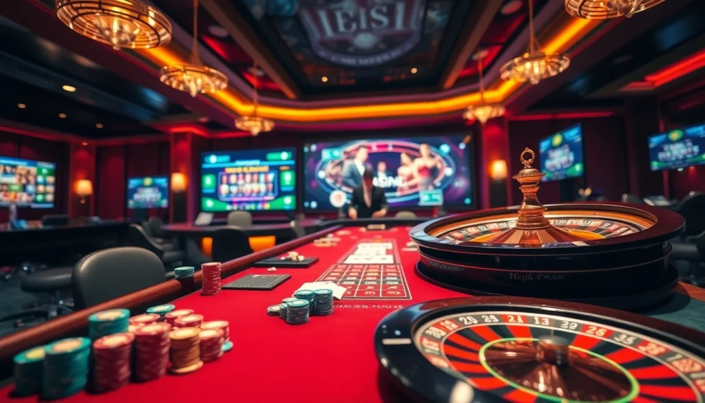 Scène de jeu en ligne passionnante mettant en avant le casino en ligne argent réel France avec des jetons colorés, des cartes et une roulette.