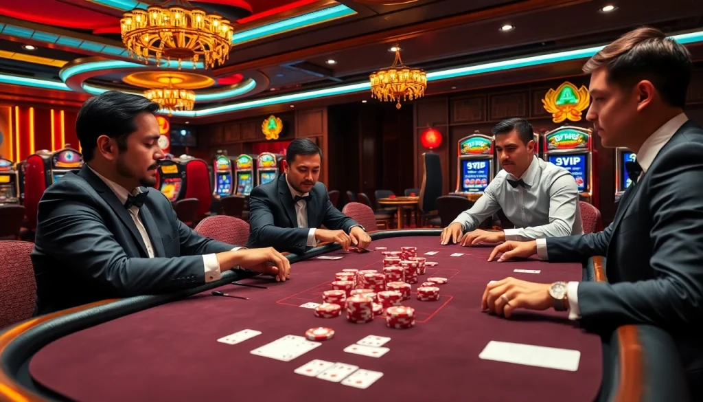 Players enjoying an exciting game of poker at the KP88 table in a vibrant casino setting.