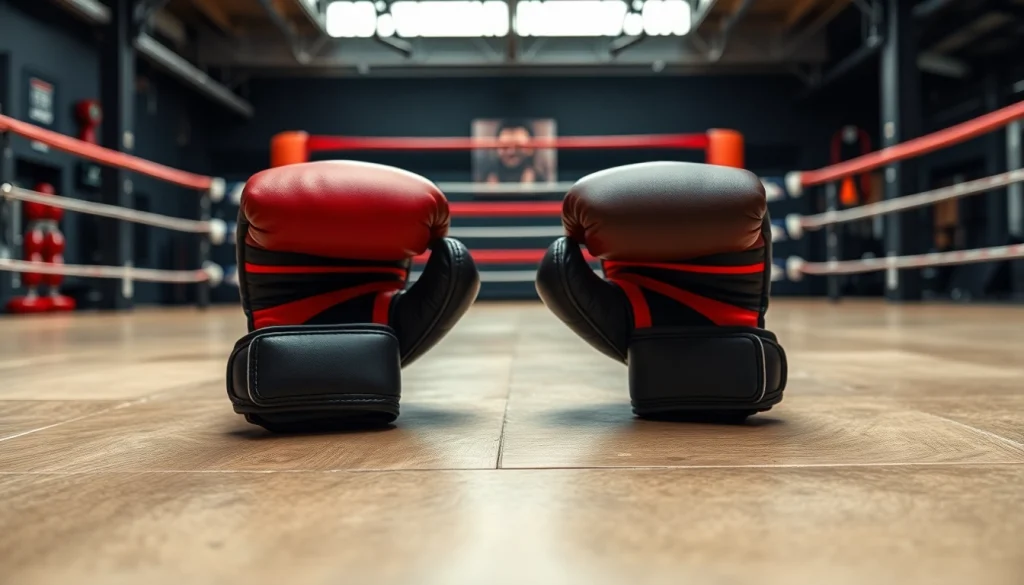 MMA gloves with high-quality padding showcased on a gym floor for martial arts training.